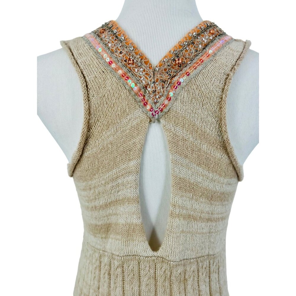 RARE Vintage Free People Beige Embellished Sequin Trim & Keyhole Back Boho Knit - Picture 10 of 15